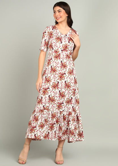 Flared Flower Printed White Gown Rayon.