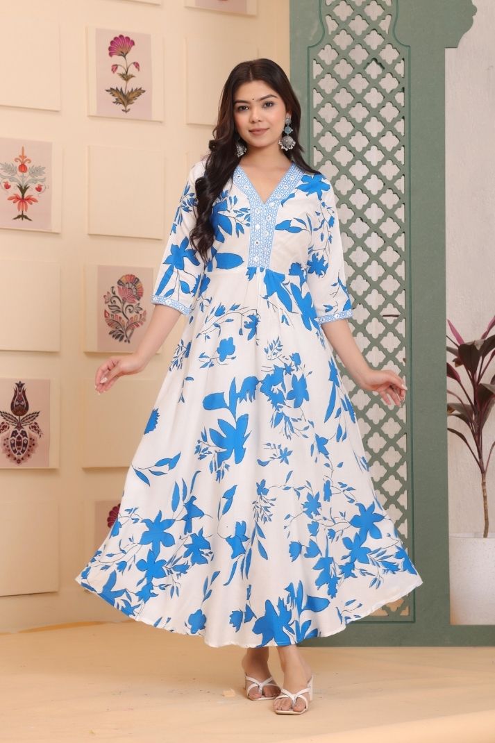 Cotton Flower Printed Gown For Women's And Girls