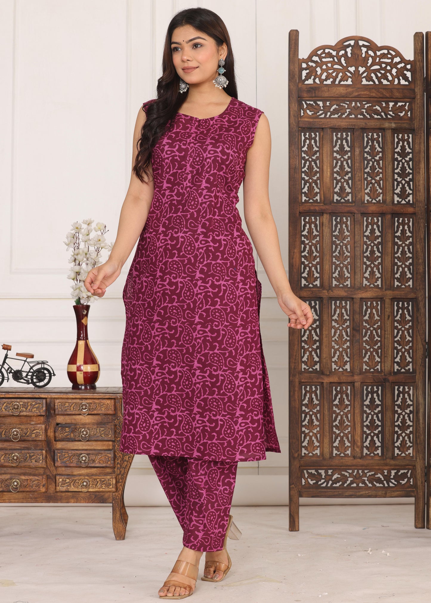 Cotton Cut-Sleeves Kurta with Pant Set For Women's and Girls.