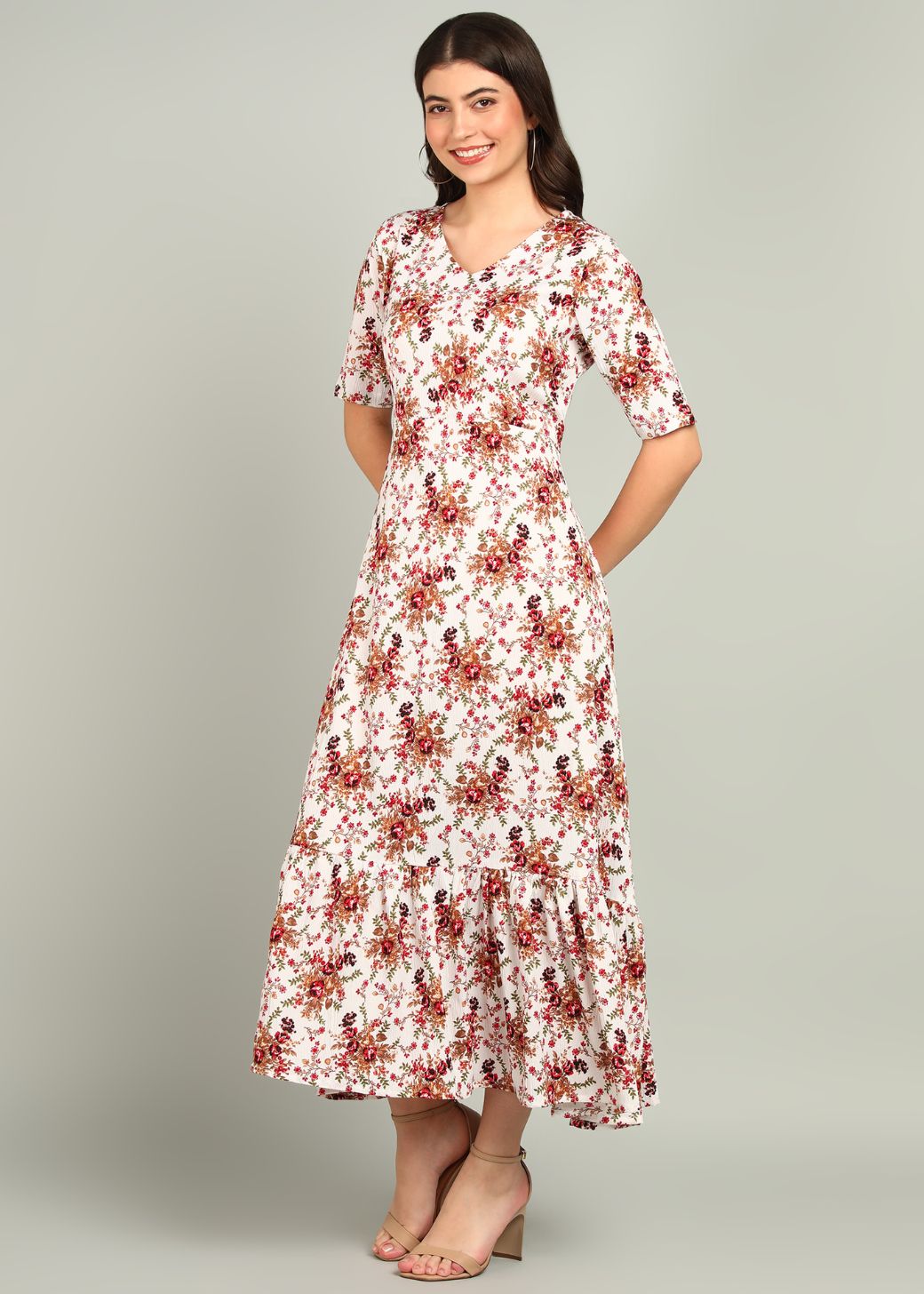 Flared Flower Printed White Gown Rayon.