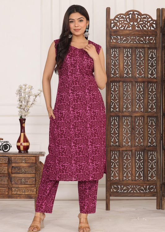 Cotton Cut-Sleeves Kurta with Pant Set For Women's and Girls.