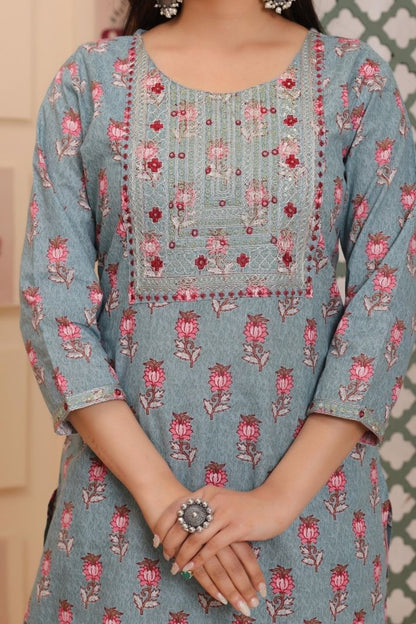 Cotton Flower Printed 3 Pc kurta set for Women and Girls