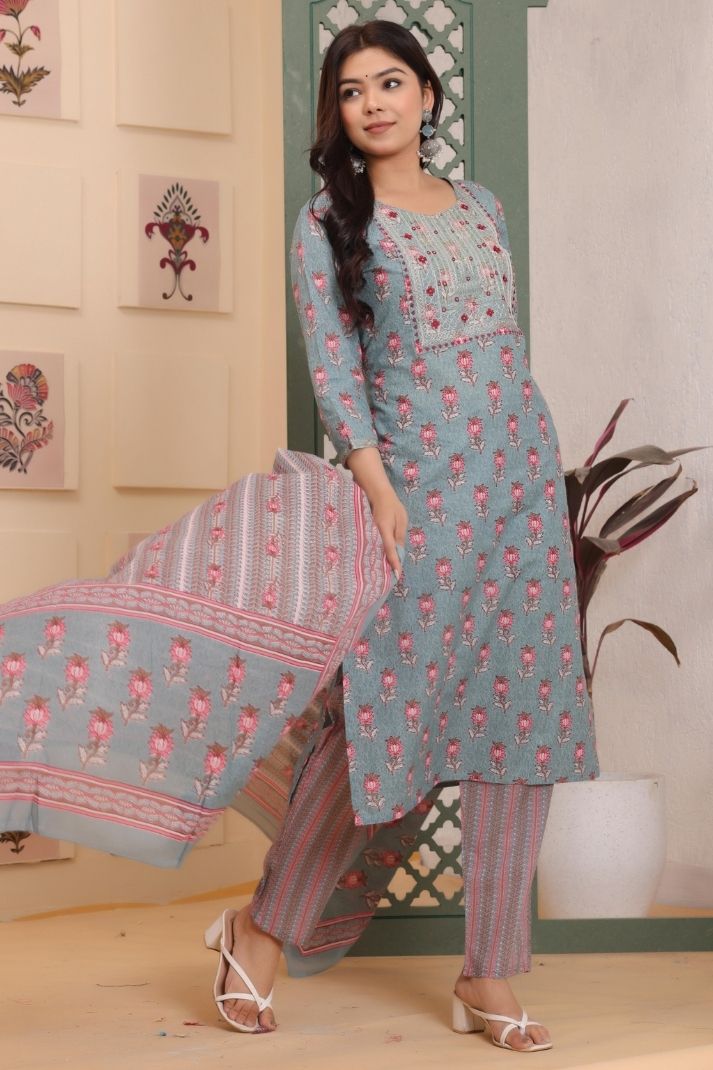 Cotton Flower Printed 3 Pc kurta set for Women and Girls