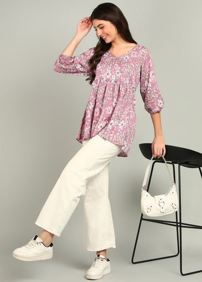 Flower Printed Rayon Top For Women's And Girls.