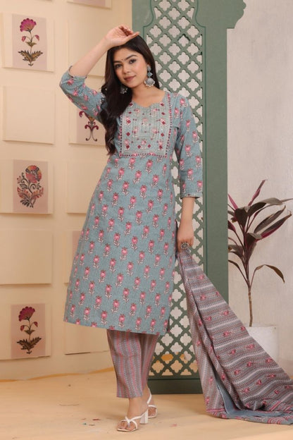 Cotton Flower Printed 3 Pc kurta set for Women and Girls