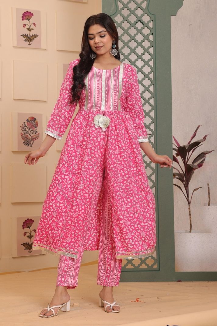 Cotton Flower Printed Kurta and pant set for women's and girls