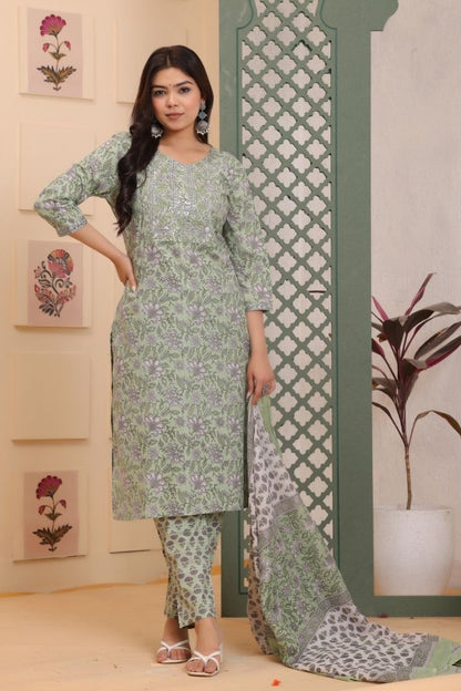 Cotton Flower Printed 3 Pc kurta set for Women and Girls