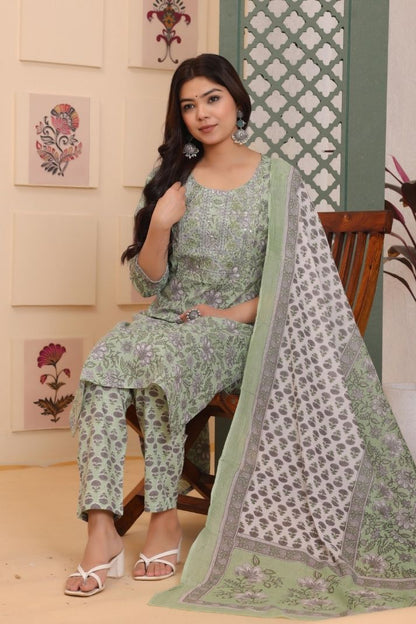 Cotton Flower Printed 3 Pc kurta set for Women and Girls