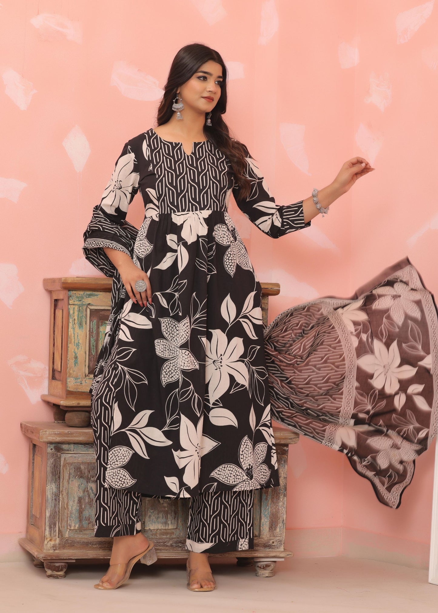 Cotton Flower printed Black Three piece kurti set for Women's and Girls