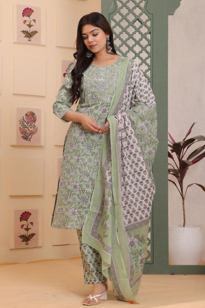 Cotton Flower Printed 3 Pc kurta set for Women and Girls