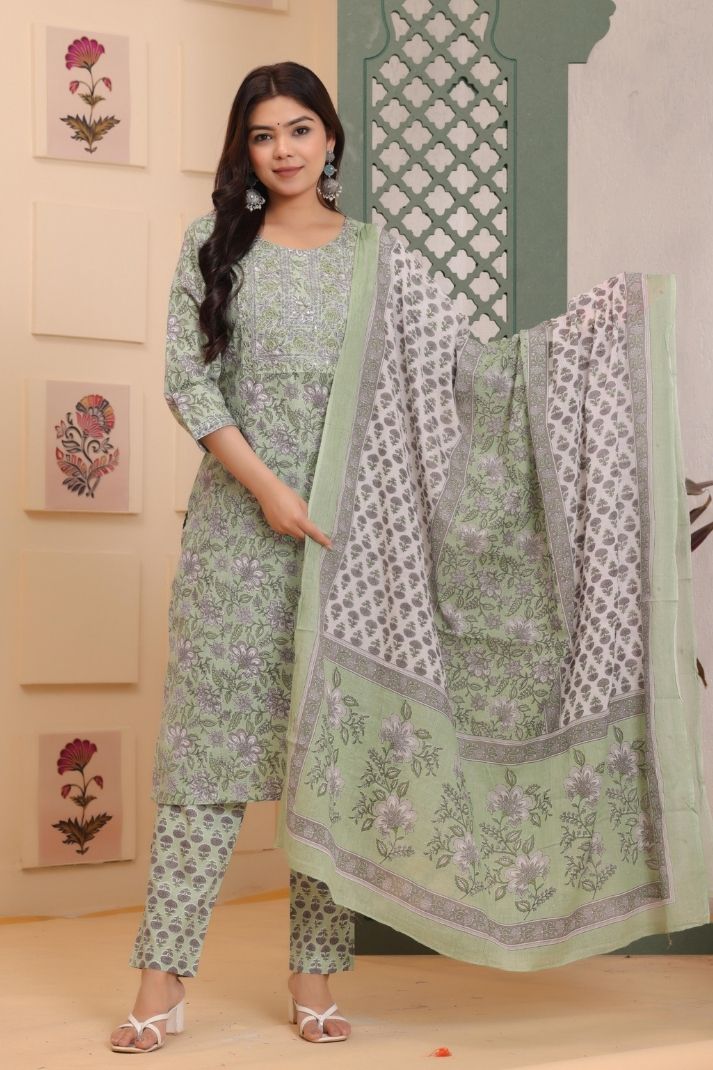 Cotton Flower Printed 3 Pc kurta set for Women and Girls