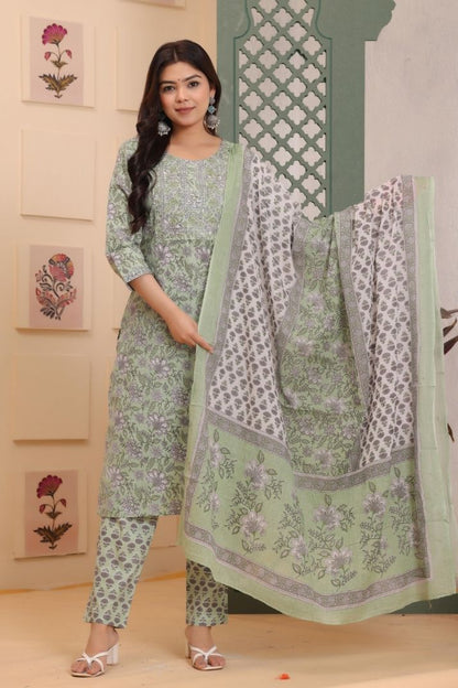 Cotton Flower Printed 3 Pc kurta set for Women and Girls