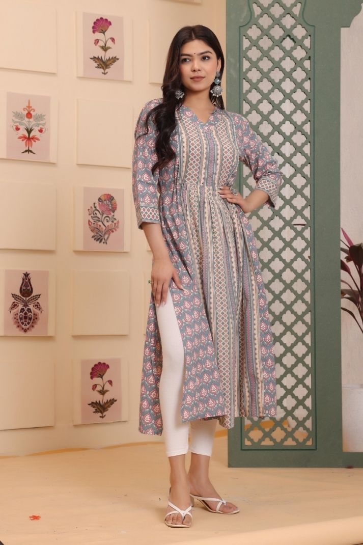 Gray Cotton Printed Straight Kurta