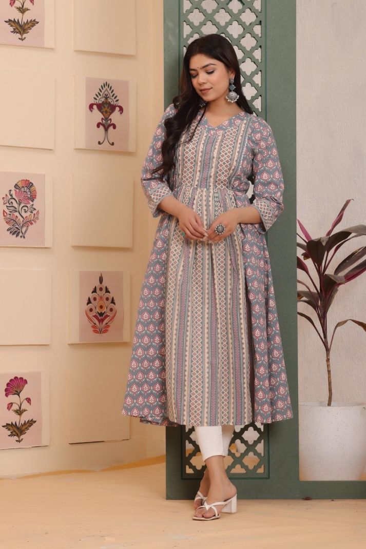 Gray Cotton Printed Straight Kurta