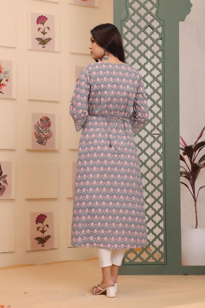 Gray Cotton Printed Straight Kurta