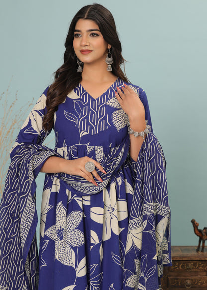 Cotton Flower printed Blue Three piece kurti set for Women's and Girls