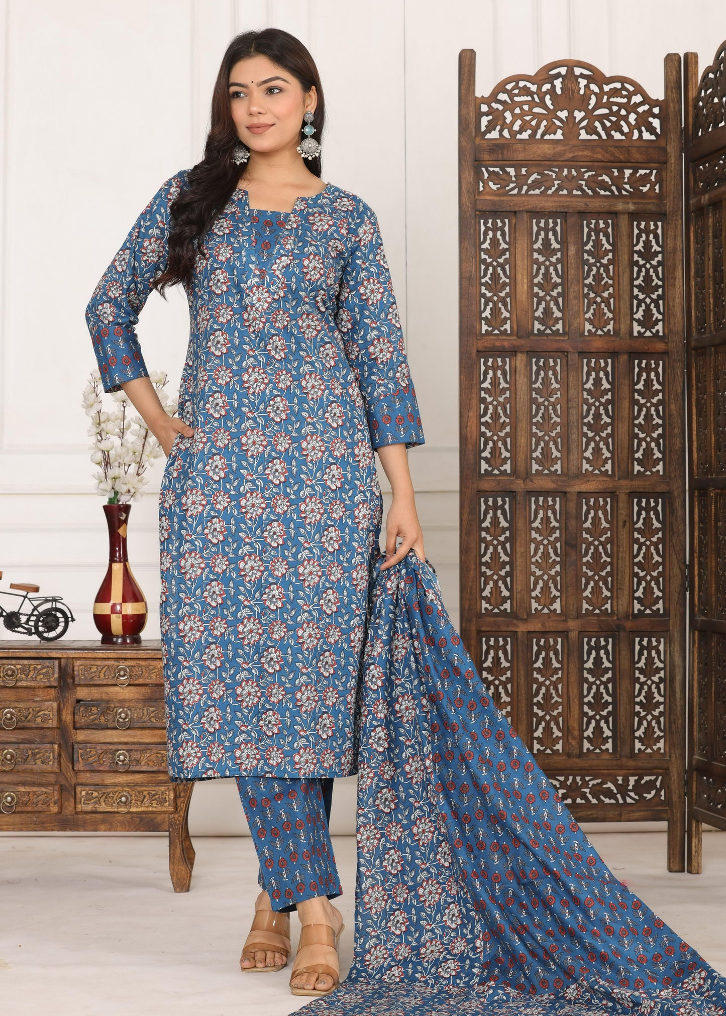 Tamanna Cotton Flower Printed Premium Three Piece Kurti Set