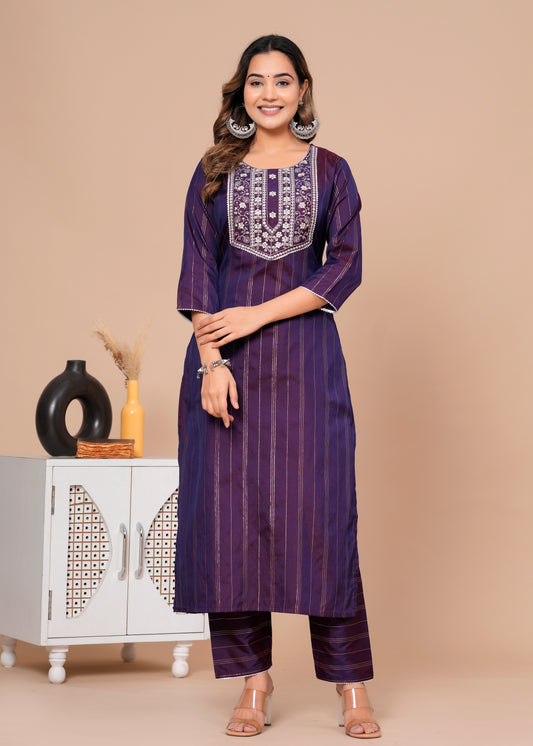 Embroidered  Ethnic Women Silk Kurta Pant Set Wine Colour