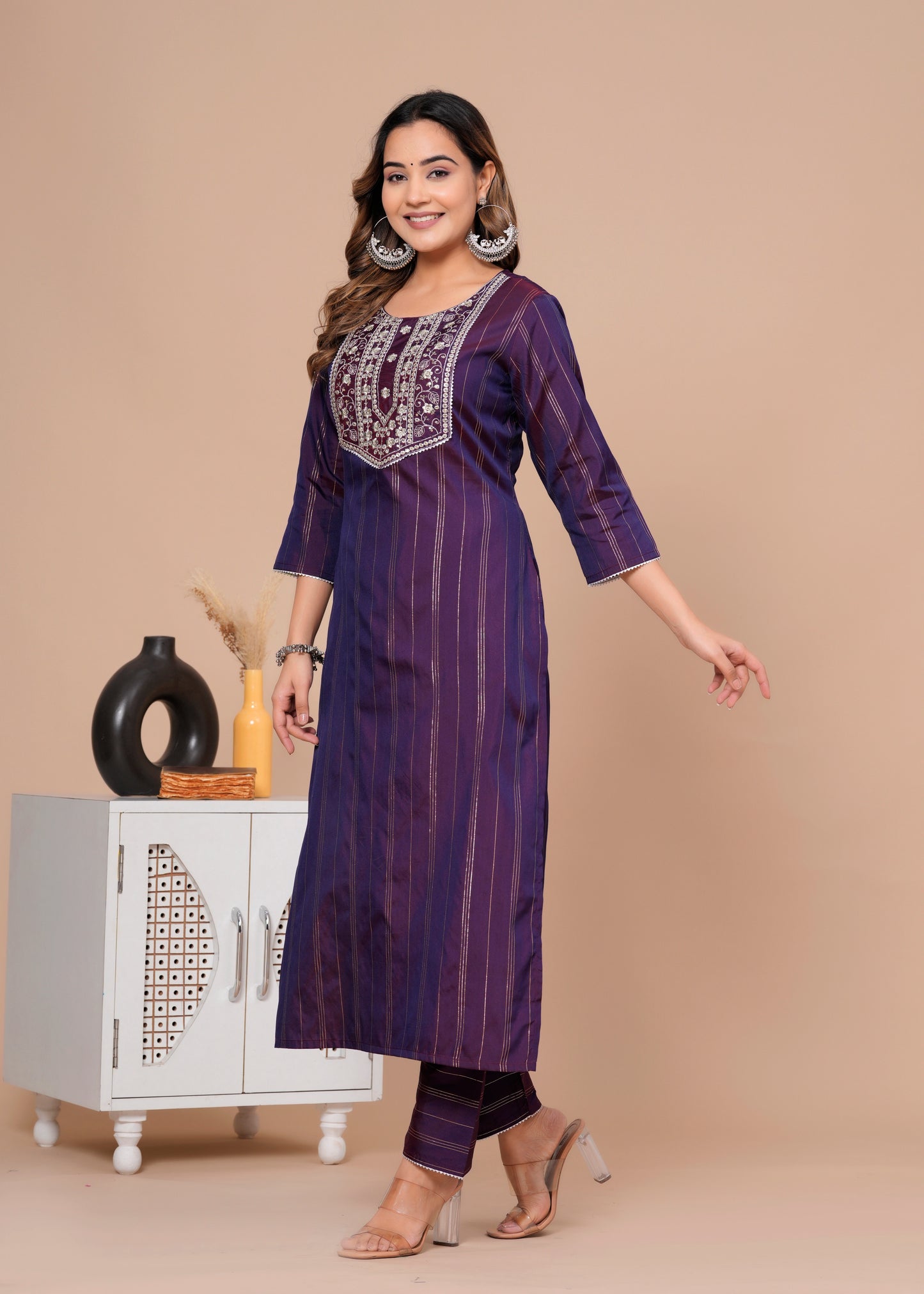 Embroidered  Ethnic Women Silk Kurta Pant Set Wine Colour