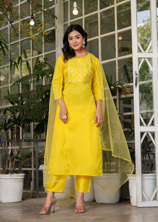 Women Silk Ethnic Kurta Pant Set Yellow Colour With Dupatta 3 Piece Set