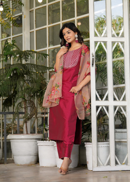 Women Ethnic Kurta Pant Set Maroon Colour With Dupatta 3 Piece Set Silk