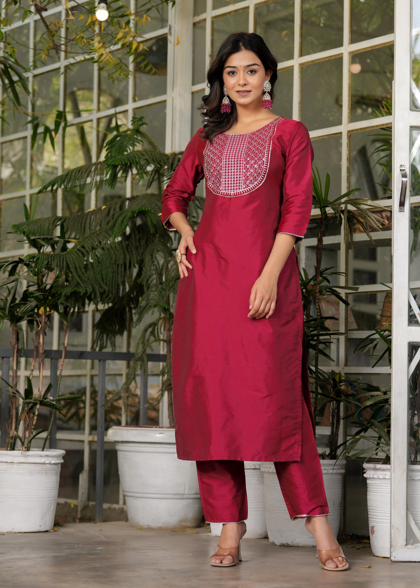 Women Ethnic Kurta Pant Set Maroon Colour With Dupatta 3 Piece Set Silk