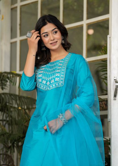 Women Ethnic Sky Blue 3PC Set With Dupatta Silk Material