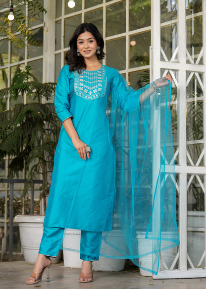 Women Ethnic Sky Blue 3PC Set With Dupatta Silk Material