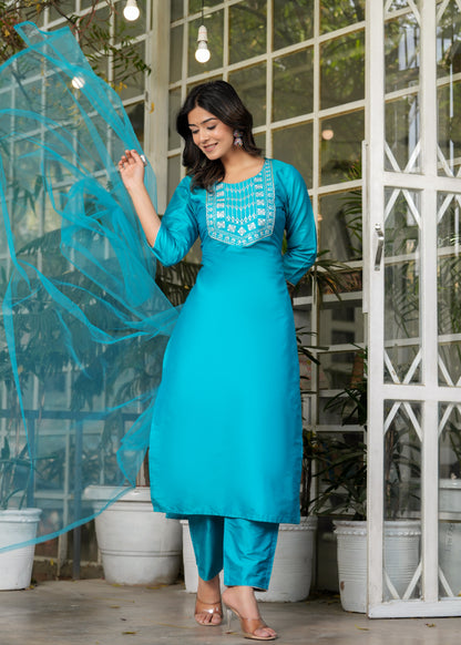 Women Ethnic Sky Blue 3PC Set With Dupatta Silk Material