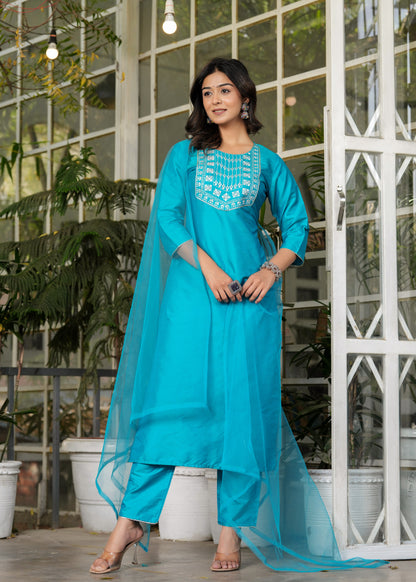 Women Ethnic Sky Blue 3PC Set With Dupatta Silk Material