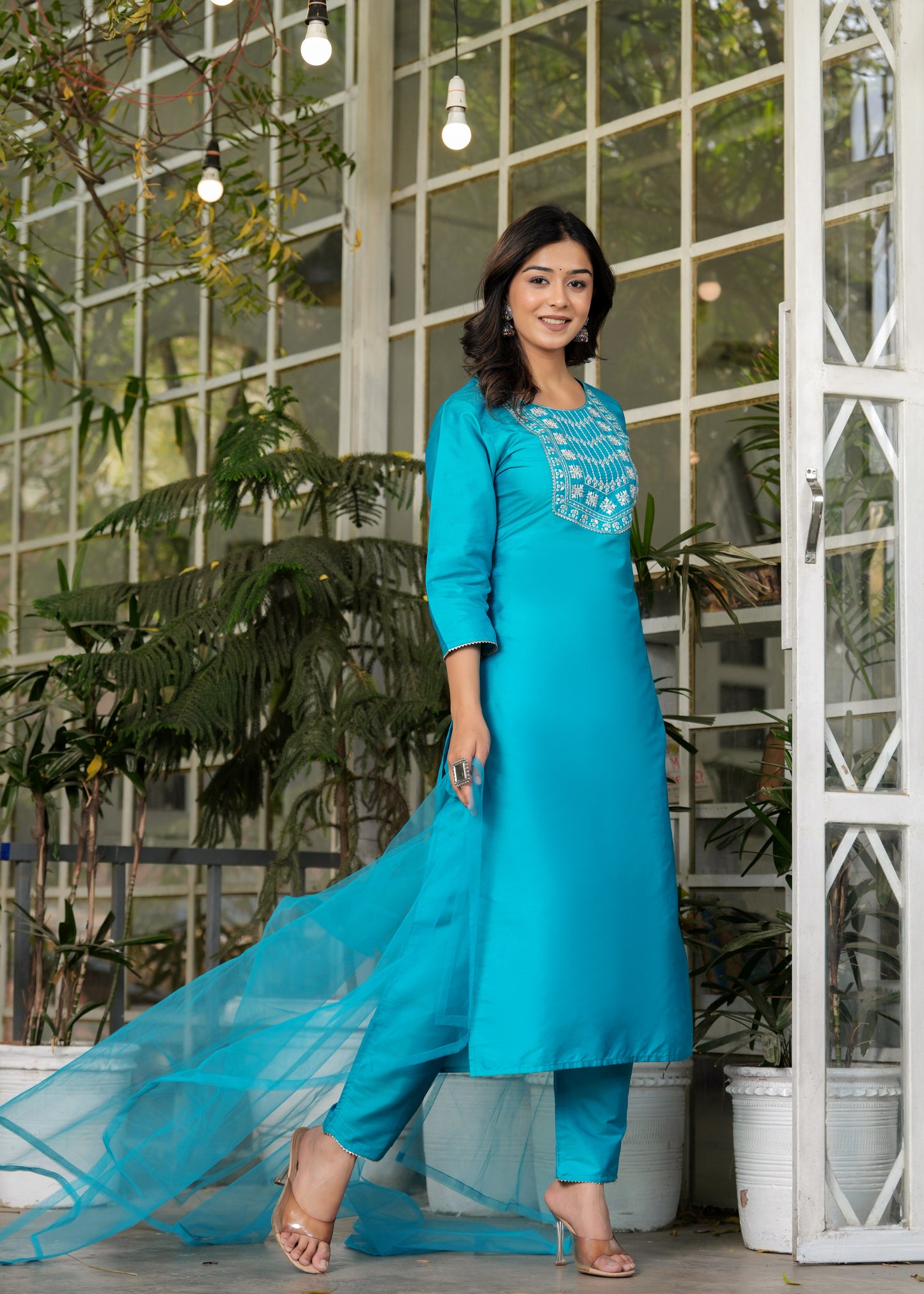 Women Ethnic Sky Blue 3PC Set With Dupatta Silk Material