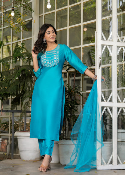 Women Ethnic Sky Blue 3PC Set With Dupatta Silk Material