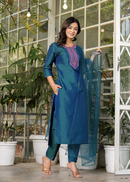 Women's Silk Embroidered 3PC Kurta Pant Set Green