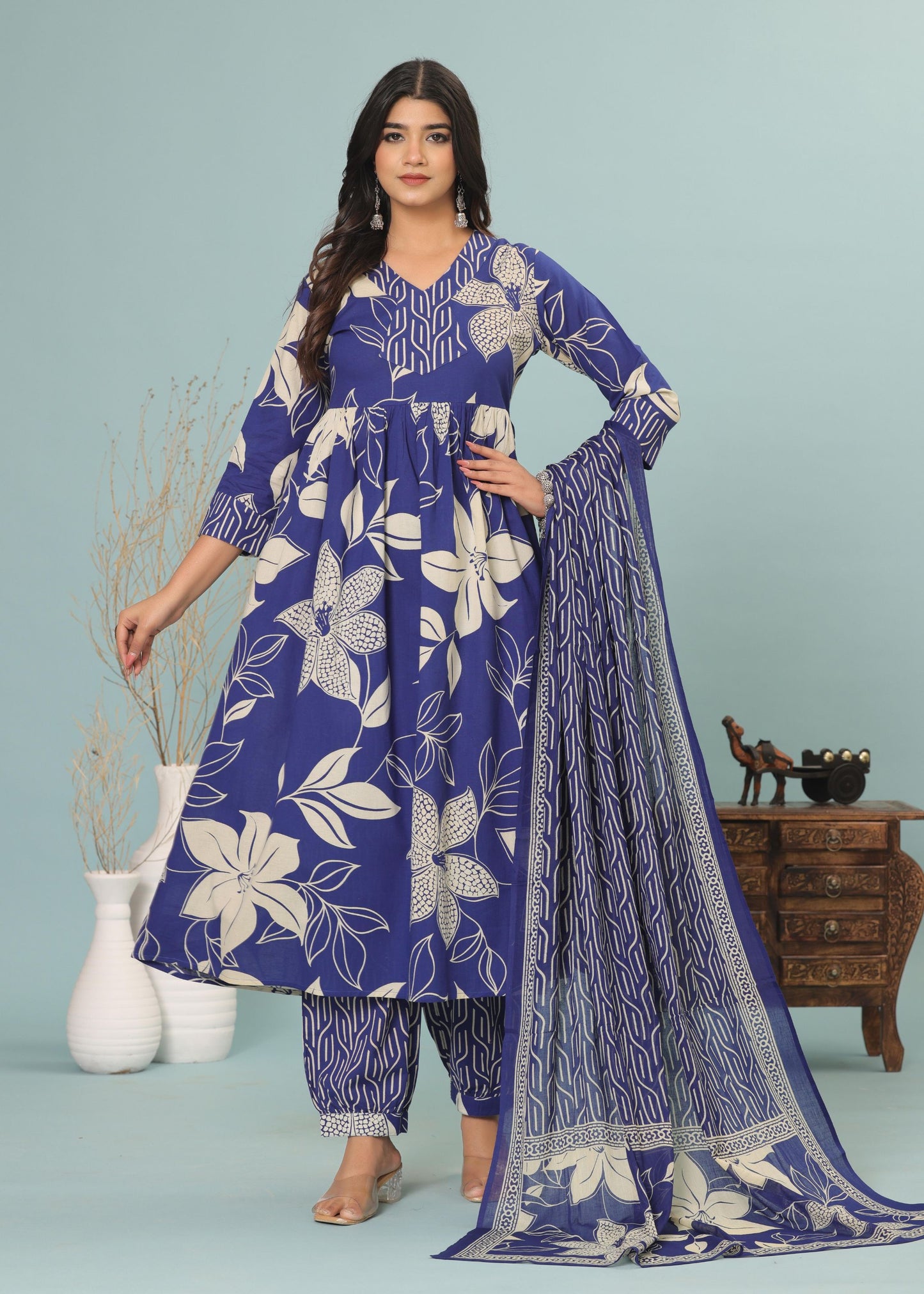 Cotton Flower printed Blue Three piece kurti set for Women's and Girls