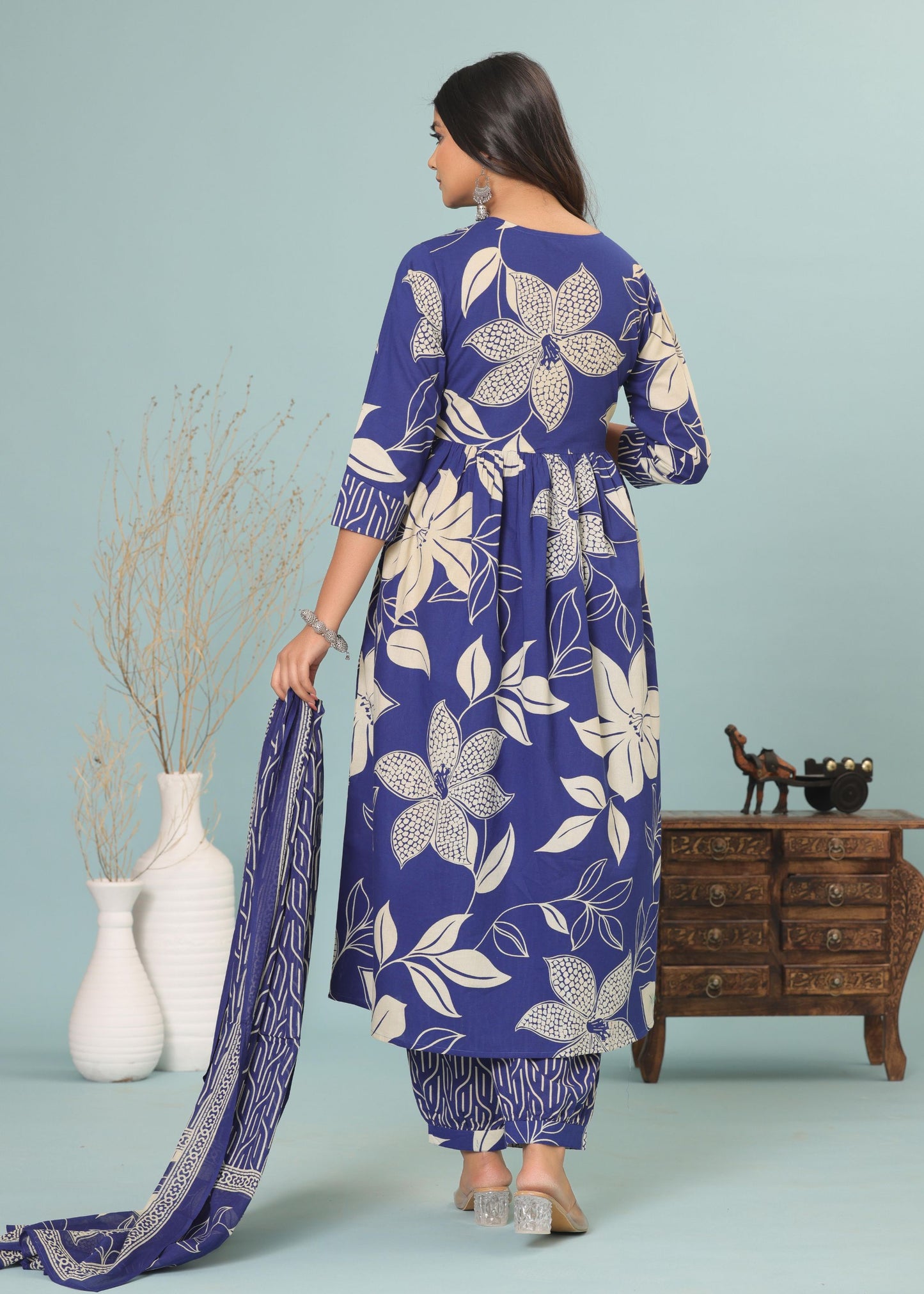 Cotton Flower printed Blue Three piece kurti set for Women's and Girls