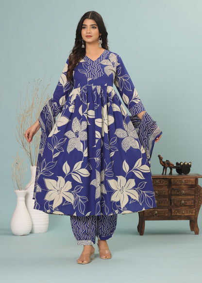 Cotton Flower printed Blue Three piece kurti set for Women's and Girls