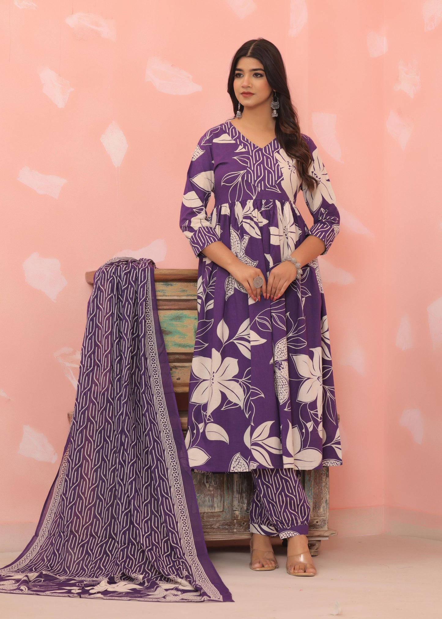 Cotton Flower printed Purple Three piece kurti set for Women's and Girls