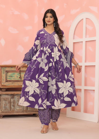 Cotton Flower printed Purple Three piece kurti set for Women's and Girls