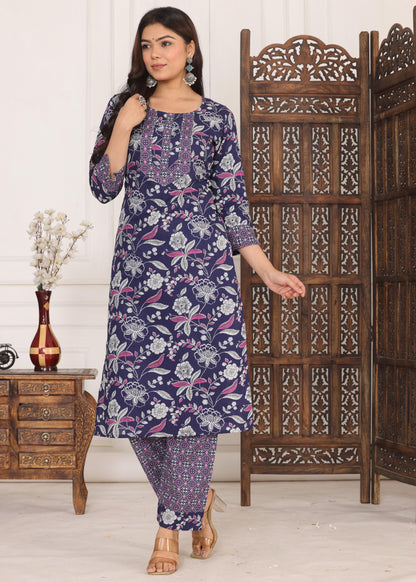 Cotton Flower Printed Kurta With Pant Set Premium Quality.