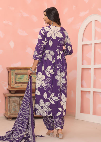 Cotton Flower printed Purple Three piece kurti set for Women's and Girls