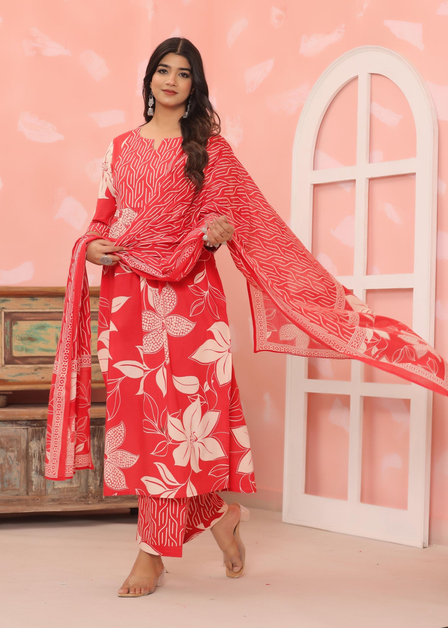 Cotton Flower printed Red Three piece kurti set for Women's and Girls