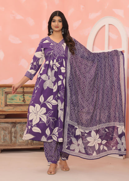 Cotton Flower printed Purple Three piece kurti set for Women's and Girls