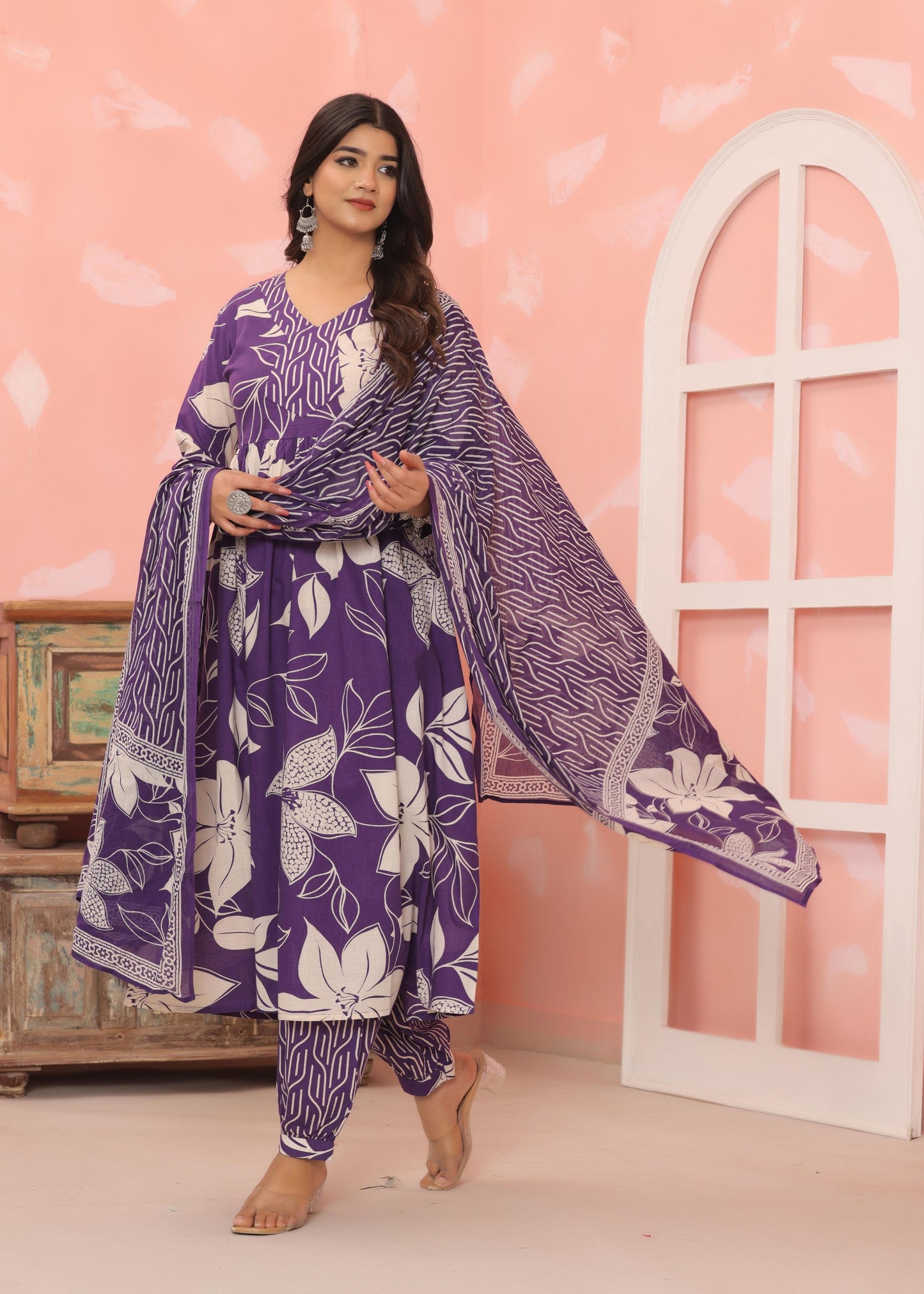 Cotton Flower printed Purple Three piece kurti set for Women's and Girls