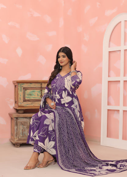 Cotton Flower printed Purple Three piece kurti set for Women's and Girls