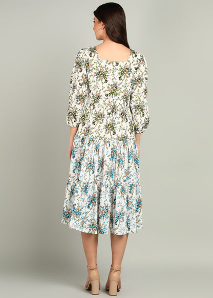 Rayon Flower Printed White Green gown