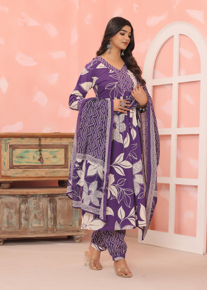 Cotton Flower printed Purple Three piece kurti set for Women's and Girls