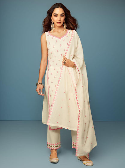 Women's Cotton Floral White & Pink Printed Kurta 3 Piece Set