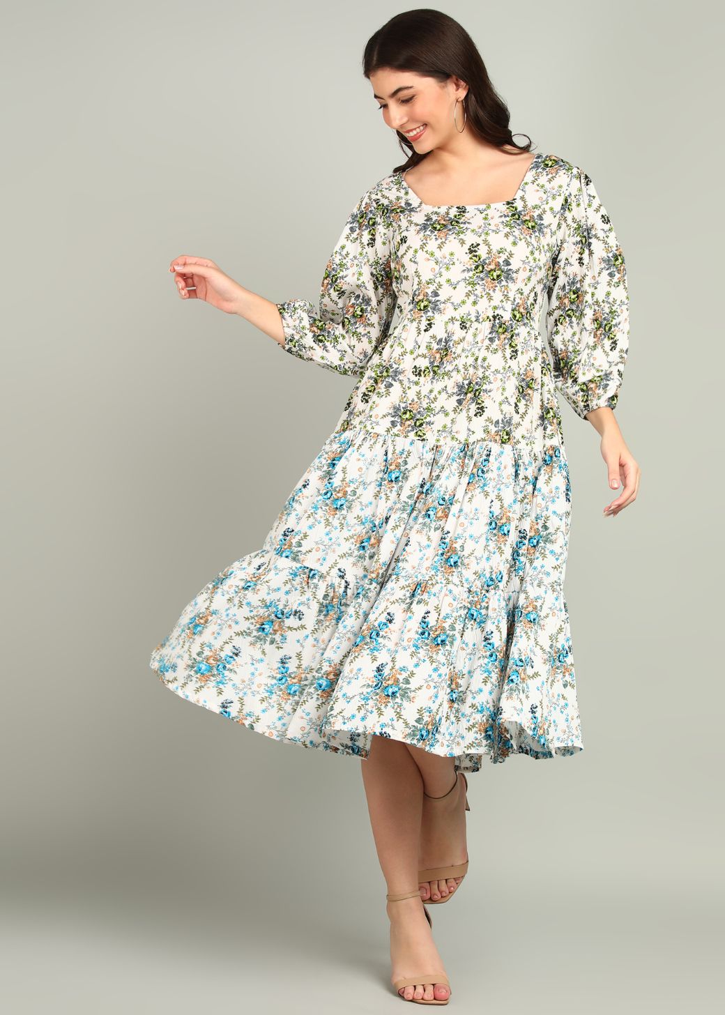 Rayon Flower Printed White Green gown