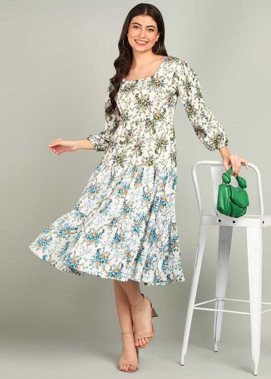 Rayon Flower Printed White Green gown