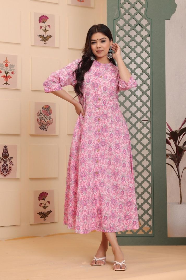 Cotton Flower Printed Gown For Women's And Girls